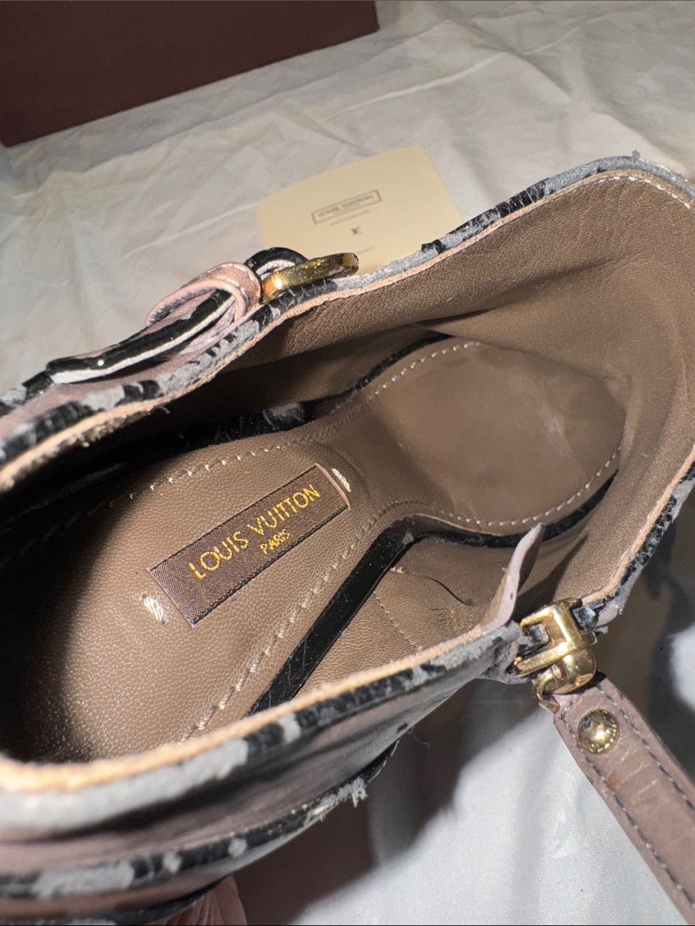 Authr Louis Vuitton Taupe Peep-Toe Leather Ankle Booties with Gold-Tone Buckle - Picture 12 of 15